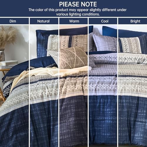 Dintszyayue Blue Queen Comforter Size Set, 8 Pieces Boho Grey Striped Texture Bed in a Bag Sets, Lightweight Soft Bohemian Comforter and Sheet Set, All Season Microfiber Bedding Sets for Men Women