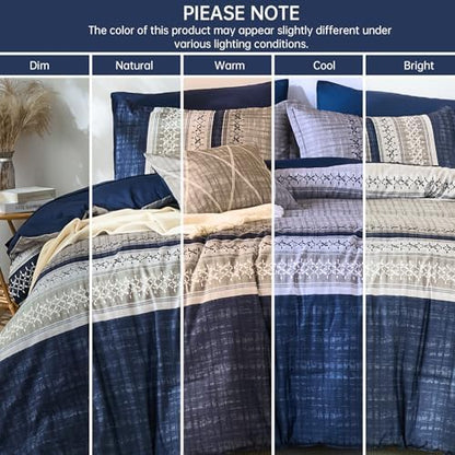 Dintszyayue Blue Queen Comforter Size Set, 8 Pieces Boho Grey Striped Texture Bed in a Bag Sets, Lightweight Soft Bohemian Comforter and Sheet Set, All Season Microfiber Bedding Sets for Men Women
