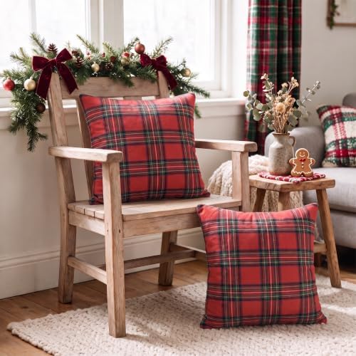 AVOIN colorlife Christmas Red Green Plaid Decorative Throw Pillow Covers, 16 x 16 Inch Holiday Scottish Tartan Cushion Case Farmhouse Decoration for Sofa Couch Set of 2