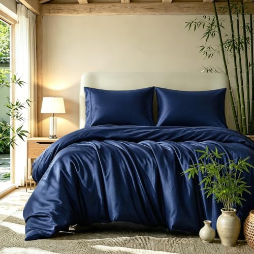 Queen Duvet Cover Set 3 Pieces, 100% Organic Viscose derived from Bamboo, Luxuriously Soft & Cooling, 1 Duvet Cover and 2 Pillowcases, 90" x 90"(Queen, Navy)