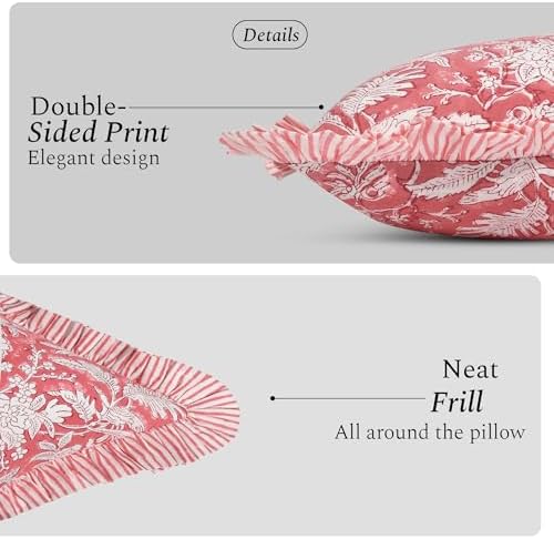 CPC Block Print Pink Coral Ruffle Cotton Lumbar Pillow Cover 20x54 inch