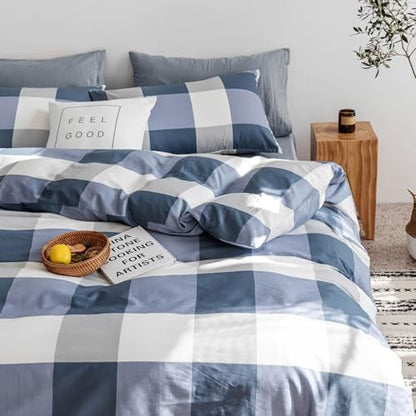 mixinni Twin XL Comforter Set Soft Fluffy Modern Style Checkered Pattern Comforter for Boys Mens, 1 Blue White Grey Geometric Comforter and 2 Pillowcases, All Seasons-Twin XL Size