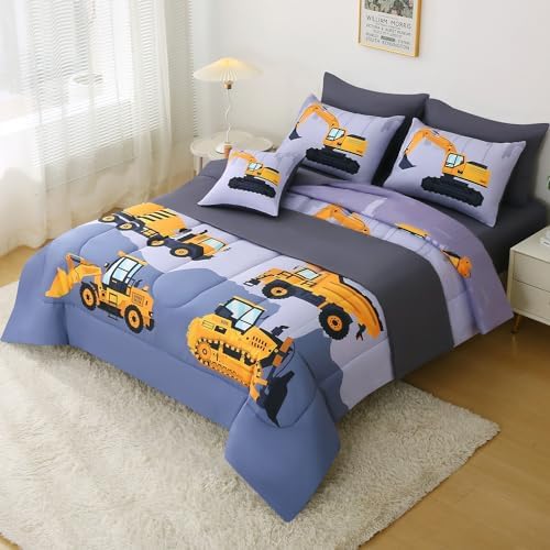 JQinHome Construction Queen Bedding Sets for Boys Kids,8 Piece Bed in A Bag 3D Cartoon Car Excavator Tractor Comforter Set with Sheet Set,Trucks Cars