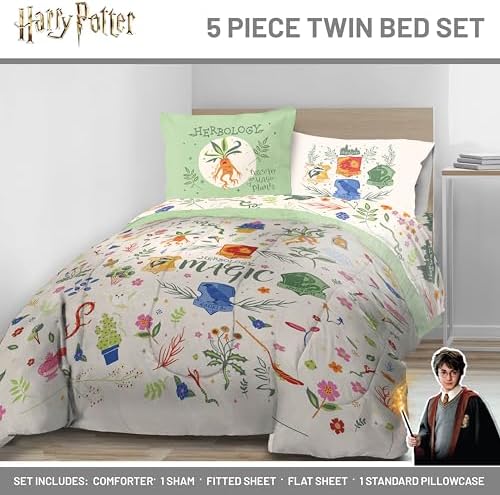 Harry Potter Twin Comforter Set 5 Piece Soft Floral Bedding, Multi