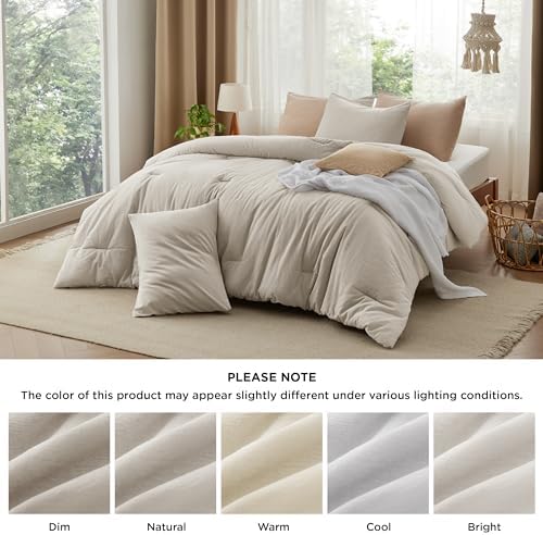 Bedsure PureWoven Cotton Comforter Set Prewashed, King, Linen