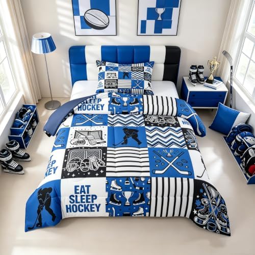 Hockey Sport Comforter Set Twin Size,Eat Sleep Hockey Player Silhouette Bedding Sets 2Pcs for Kids Girls Boys Teens Room Decor,Athletic Quilted Duvet Blue Black White Line Down Comforter,1 Pillowcase