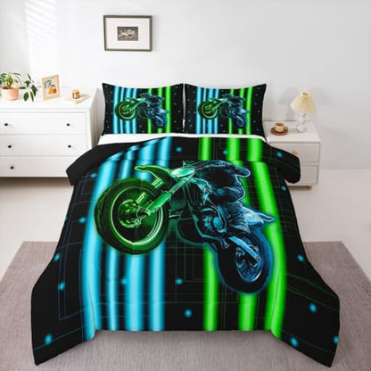 Feelyou Dirt Bike Kids Bedding Set,Boys Girls King Size,Racing Motocross Rider Comforter Set,Extreme Sports Ultra Soft Duvet Quilt,3D Pattern Comforter Colorful Modern Bedroom Decor
