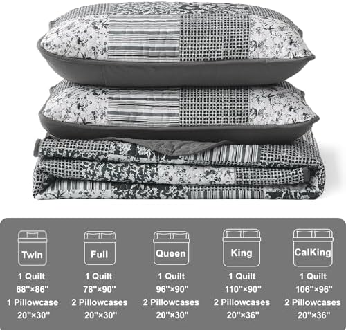 Mybedsoul Boho Quilt King Size, Patchwork Bedding Set, Black Grey