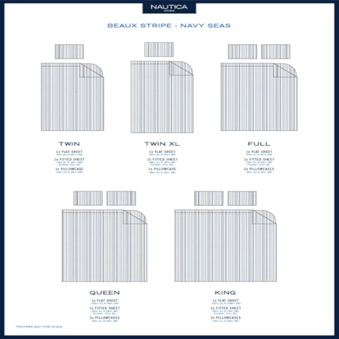 Nautica - Twin XL Size Sheet Set, Crisp & Tailored Cooling Sheets with a Smooth Cotton Percale Lightweight Feel - Bed Sheets with Matching Pillowcase & Fitted Sheet (Beaux Stripe Navy)