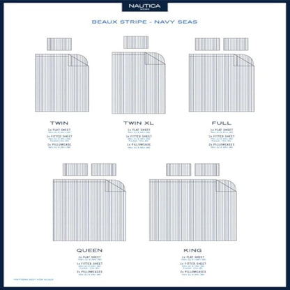 Nautica - Twin XL Size Sheet Set, Crisp & Tailored Cooling Sheets with a Smooth Cotton Percale Lightweight Feel - Bed Sheets with Matching Pillowcase & Fitted Sheet (Beaux Stripe Navy)