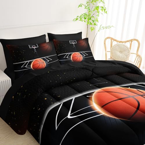 QOOMO Basketball 7 Pieces Comforter Set King,3D Sports Bedding Set for Kids