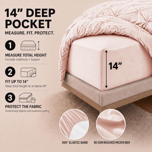 HIMEET Queen Comforter Set Peach Pink - 7 Pieces Pintuck Bed in a Bag