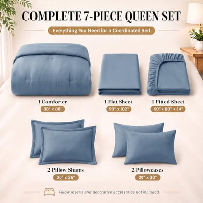 CozyLux Queen Comforter Set Grayish Blue, 7 Pieces Bed in a Bag