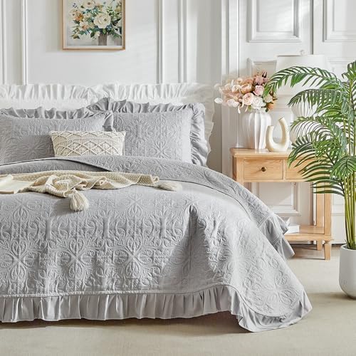 Ruffles Quilt Set Twin Size 68 * 86in - 2 Pieces Solid Shabby Chic Farmhouse Ruffled Bedding Rustic Coverlet Lightweight Fluffy Summer Oversized Bedspread with Shams for Women Men Gray