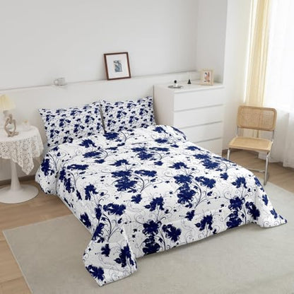 jejeloiu Blue Flower Comforter Set Twin Size Kids Floral Bedding Set for Boys Girls Teens Botanical Duvet Breathable Minimalist Aesthetics Quilt Bedroom Decor,1 Comforter with 1 Pillowcase