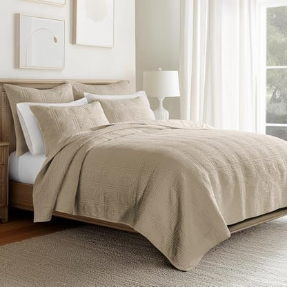 Levtex Home Cloud Waffle Twin XL/Twin Quilt Set (68x86in) with 1 Pillow Sham (26x20in) - Box Quilted Waffle Cotton Texture - Taupe - Cotton Twin Size Quilt Bedding Set - Lightweight Soft Pre-Washed