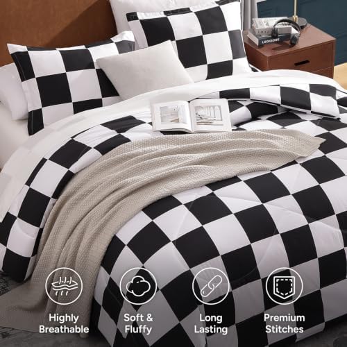Andency Checkered Comforter Twin XL, Black and White Gingham Plaid Bedding