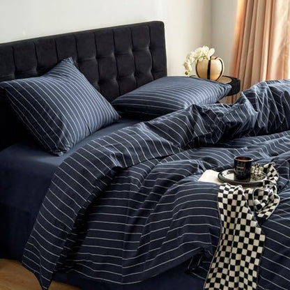 Wake In Cloud Striped Cotton Duvet Cover Set, Navy Blue, King