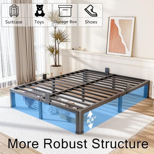 FUIOBYVV 10 Inch Queen Bed Frame with Rounded Corner and Headboard Hole Mattress Retainers 3500 LBS Metal Heavy Duty Steel Slats Support No Box Spring Needed Platform Noise Free Easy Assembly