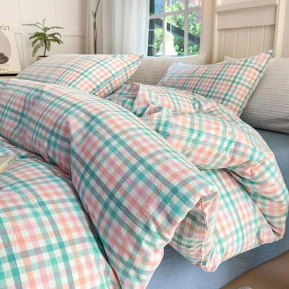 LifeTB Gingham Comforter Set Full Size Colorful Plaid Checkered Pattern Comforter Geometric Grid Plaid Printed Bedding Comforter Set with 2 Pillowcases Luxury Soft Fluffy Gingham Bedding Set Full