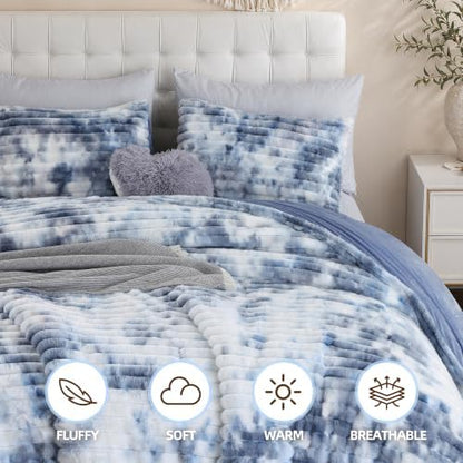 Smoofy Fluffy Twin Size Comforter 2 PCS - Tie Dye Blue Fleece Bedding Set
