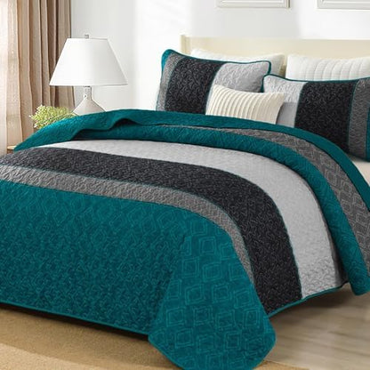 Cottolester Boho Quilt Set Full,Striped Plaid Bedspreads t Set,Peacock Blue
