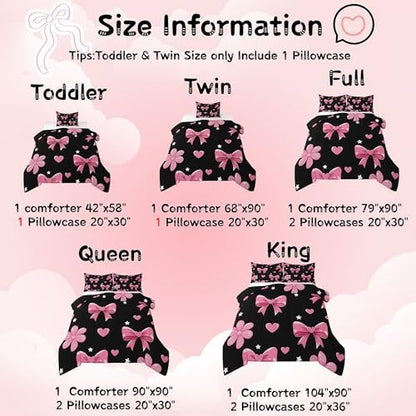 jejeloiu Bowknot Comforter Set All Season Black Pink Bedding Set with 1 Pillow Cases Pink Bow Microfiber Kids Twin Bedclothes Colourful Bowknot Bedroom Decor Duvet Quilt Breathable