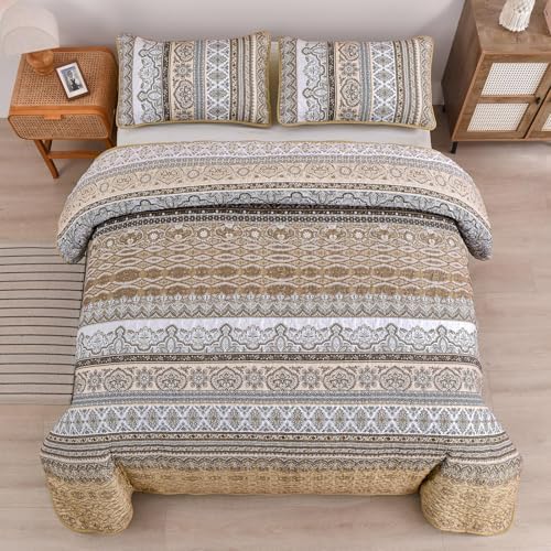 WONGS BEDDING Boho Quilt King Size,3 Pcs Brown Bedspread Bedding Set