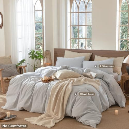 MooMee Striped Duvet Cover Set 100% Washed Cotton Linen Like Full