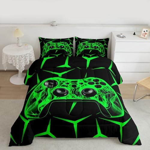 Feelyou Gamer Bedding Set Gamepad Comforter Set for Kids Boys Girls Teens Room Decor Gaming Gifts Comforter Queen Size Game Controller Green Duvet Set 3Pcs