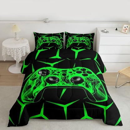 Feelyou Gamer Bedding Set Gamepad Comforter Set for Kids Boys Girls Teens Room Decor Gaming Gifts Comforter Queen Size Game Controller Green Duvet Set 3Pcs