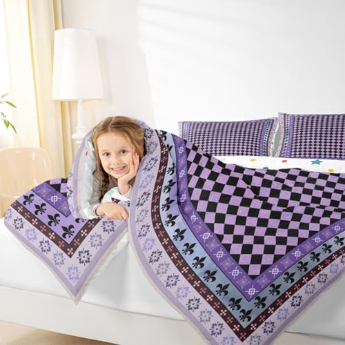 jejeloiu Check Checkered Comforter Set King Size Plaid Damask Floral Bedding Set for Kids Boys Girls Geometric Checkerboard Duvet Quilt Grid Bedroom Decor Microfiber 3 Pcs with 2 Pillow Cases
