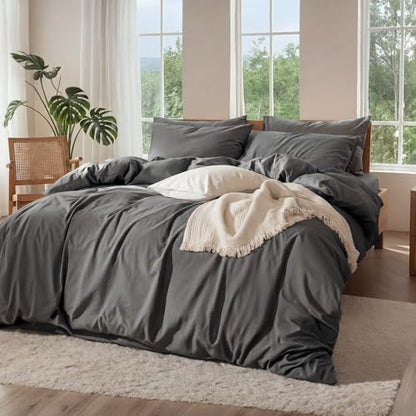 100% Pure Linen Blend 4 Piece Sheet Set, Cooling and Breathable Flax Bed Sheets for Hot Sleepers, All Season Comfort, Anti-Tear and Durable Bedding, 18 Inch Deep Pocket(Dark Grey, King)