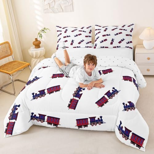 Feelyou Cute Retro Train Comforter Set King Size Vintage Steam Locomotive Down Bedding Set for Kids Boys Girls Transportation Vehicles Duvet Quilt Bedroom Decor Microfiber 3 Pcs with 2 Pillow Cases
