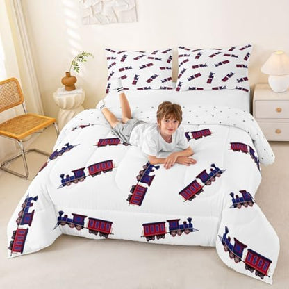 Feelyou Cute Retro Train Comforter Set King Size Vintage Steam Locomotive Down Bedding Set for Kids Boys Girls Transportation Vehicles Duvet Quilt Bedroom Decor Microfiber 3 Pcs with 2 Pillow Cases