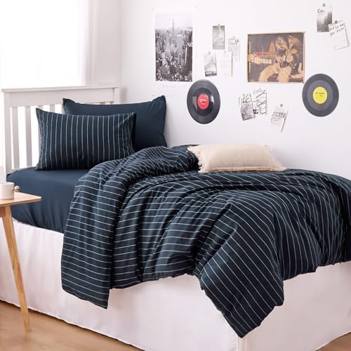 Wake In Cloud Striped Cotton Duvet Cover Set, Navy Blue, Twin/Twin XL