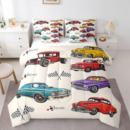 Feelyou Vintage Car Bedding Set 7 Piece Full Size Retro Truck Comforter Set with Sheets for Boys Girls Colorful Race Car Bed in a Bag Room Decor Breathable Soft