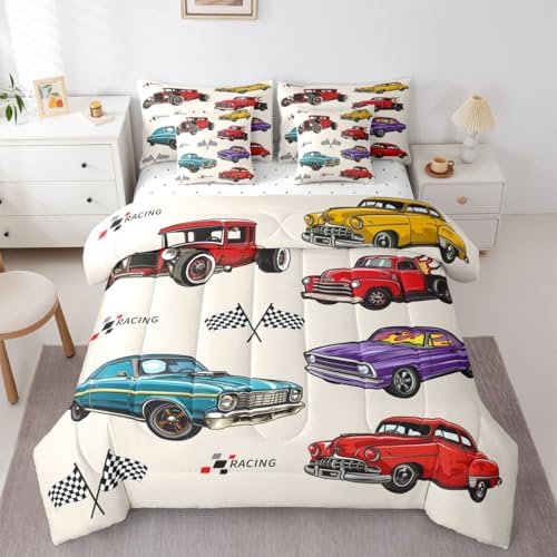 Feelyou Vintage Car Bedding Set 7 Piece Queen Size Retro Truck Comforter Set with Sheets for Boys Girls Colorful Race Car Bed in a Bag Room Decor Breathable Soft