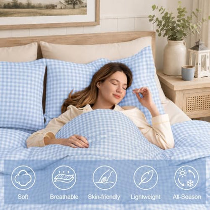 Queen Comforter Set, Fluffy Blue Gingham Plaid Bedding, 3 Pieces