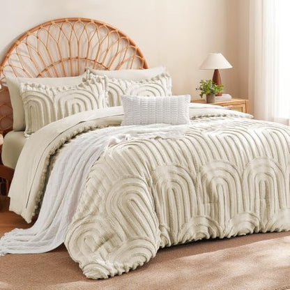 MR&HM Queen Comforter Set Boho 7pcs, Beige Weatern Arch Tufted Bedding Set