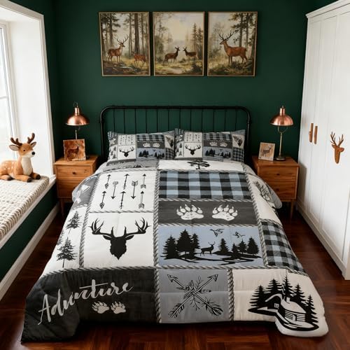 Deer Bear Kids Comforter Set Full Size,Hunting Adventure Rustic Farmhouse Bedding Set for Boys Girls Adults Room Decor,Geometric Plaid Patchwork Down Comforter,Blue Xmas Duvet Insert,2 Pillowcases