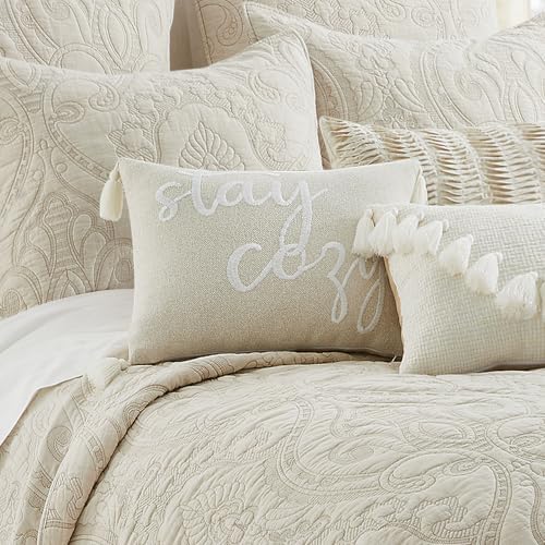 Levtex Home - Cloud Waffle Stay Cozy Decorative Pillow - 14x18in - Embroidered Script Design - Tassels - RDS Feather Filled - Neutral Beige - Zipper Closure