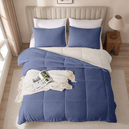 Fluffy Sherpa King Comforter Set, Thick Bedding Set 3 Pieces, Slate Blue