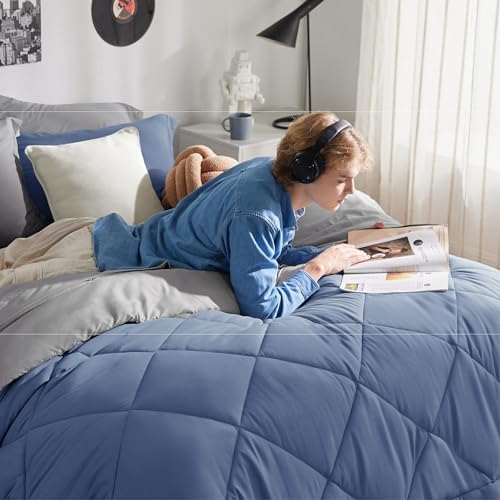Bedsure Twin XL Comforter Set Reversible Bed Set 5 Infinity Blue/Light Grey