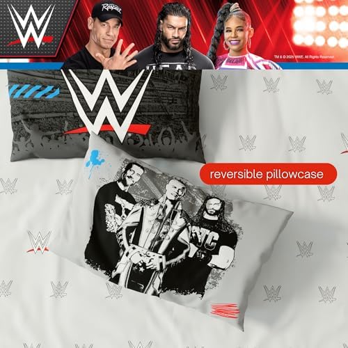 WWE Wrestling Bedding Set, Twin Size 5 Piece Set Super Soft Cozy Reversible Comforter and Sheet Set with Sham, (100% Officially Licensed Product) by Franco