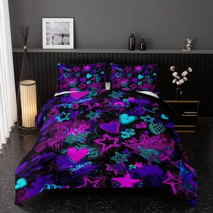 Nttopship Purple Stars Comforter Set Queen Size,Galaxy Starry Printed Bedding Set,Purple Heart Room Decor with Soft and Lightweight Comforter and 2 Pillowcases