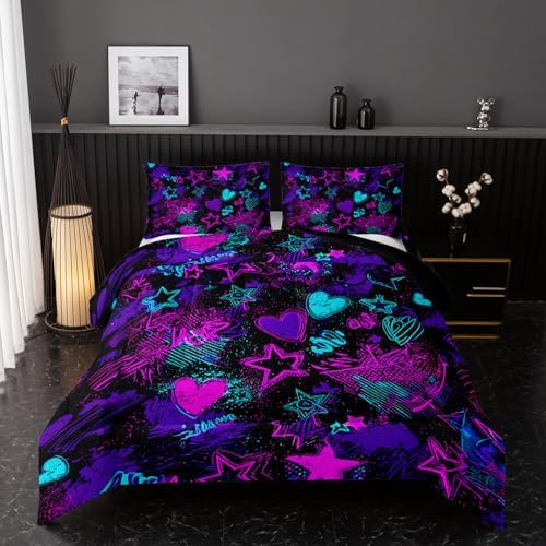 Nttopship Purple Stars Comforter Set King Size,Galaxy Starry Printed Bedding Set,Purple Heart Room Decor with Soft and Lightweight Comforter and 2 Pillowcases