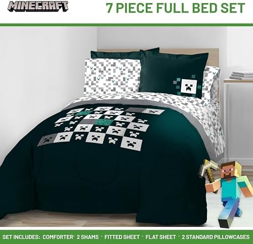 Minecraft Creeper Full Size Comforter Set 7 Piece Video Game Bedding, Green