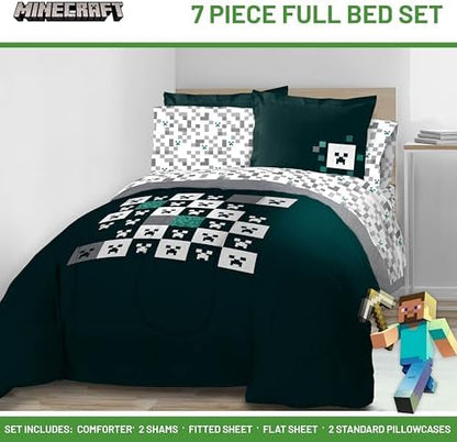Minecraft Creeper Full Size Comforter Set 7 Piece Video Game Bedding, Green