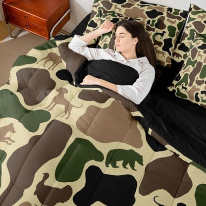 Erosebridal Turkey Wolf 7 Piece Bedding Set Full Camouflage Comforter Set with Sheets Yellow Camo Farmhouse Army Bed in a Bag Bear Hound Deer Animal Theme for Kids Boys Girls